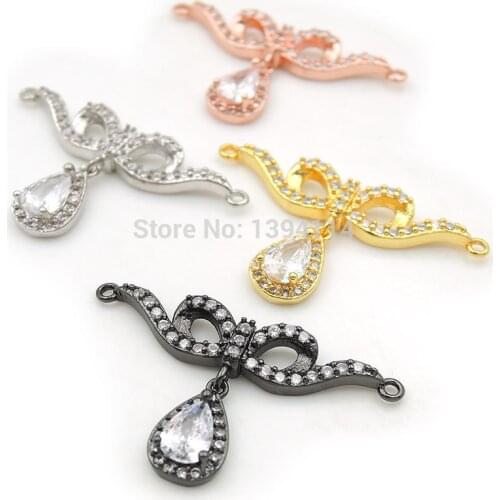 30*5*3mm Micro Pave Clear CZ Bowknot With Drop Accessories Charms Of Double Loops Fit For Making Necklaces Jewelry