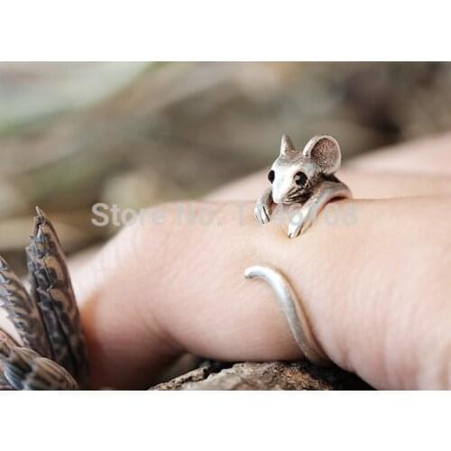 Free shipping Mouse Ring Womens Girls Retro Burnished Rat Animal Ring Jewelry Adjustable Free Size Wrap Mice Ring