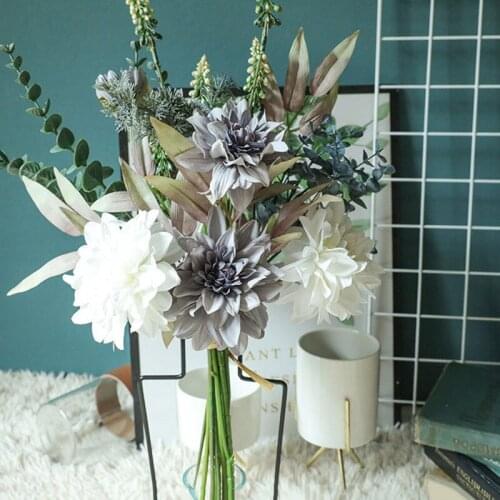 Dahlia Flower Artificial Flowers With Eucalyptus Hand Grass Flower Bouquet For Home Wedding Decoration Living Room Table Decor