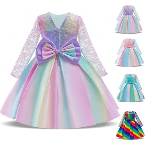 Long Sleeve Kids Colorful Dresses For Girls Children Costumes Party Tutu Dress Lace Wedding Princess Dress
