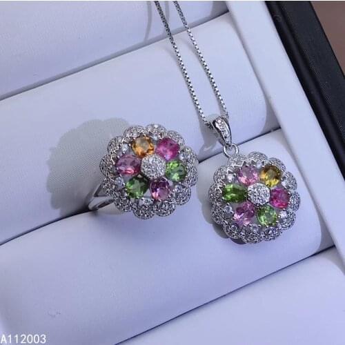 KJJEAXCMY Fine Jewelry 925 sterling silver inlaid natural tourmaline female ring pendant set luxury Support detection
