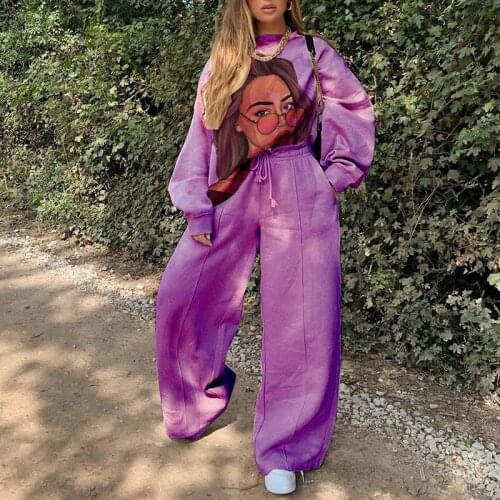 Harajuku Streetwear Print Two Piece Sets For Women Hoodie Sweatshirts top + Long Pant Sets Ladies Loose Streetwear