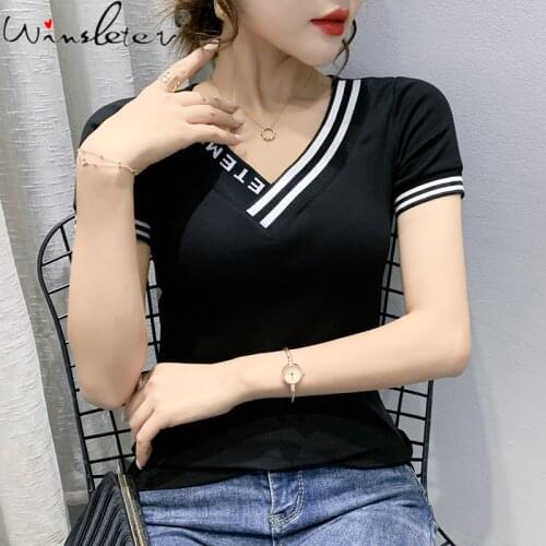 Summer European Style T-Shirt Sexy V-Neck Slim Letter Women Tops Short Sleeve Bottoming Shirt All Match Tees New 2021 T14306A