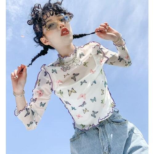 Summer Women T Shirt Long Sleeve O Neck Bottom Shirt Fashion Mesh Top Female T-shirt Butterfly Print Transparent Kawaii Clothes