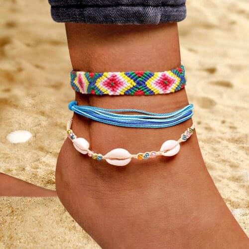 Meetvii Bohemian Colorful Waterproof Wax Rope Anklets Set for Women Girls Woven Beach Shell Charm Leg Bracelet Foot Jewelry