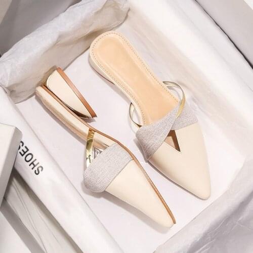 2021 Elegant Low Heel Women Mules Summer Sexy Pointed-Toe Ladies Slippers Slip on Leisure Ladies Office Shoes Beige Pumps Female