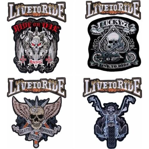 Pulaqi Skull Biker Patch Punk Style Large Embroidered Patches Iron On Patches Applique Back Patch Big Stripes On Jackets Badge