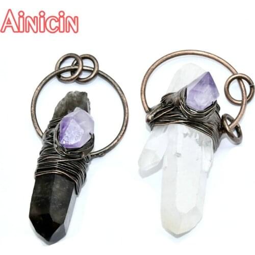 Natural Semi-precious Stone Raw Rock Crystal Black Smoky Quartz Handmade Wire Wrapped Pendants For Women