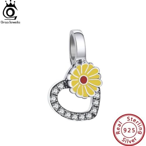 ORSA JEWELS Real 925 Sterling Silver Heart Beads Flower Daisy Patterns Charms Pendant Fit Original Bracelet Silver Jewelry CB23
