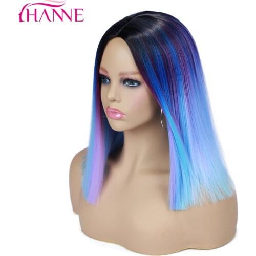 HANNE Synthetic Hair Wigs Ombre Black to Purple Mix Blue/Pink/Grey Short Straight Wigs for Women Cosplay or Party