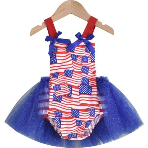 Baby Girl’s Casual Bandage Halter Romper Fashion Flag Printed Gauze Stitching Triangle Jumpsuits