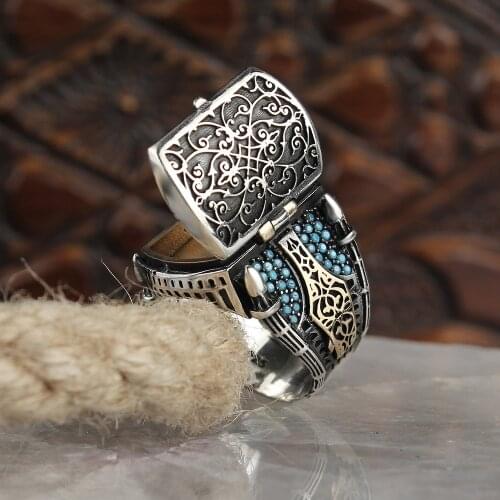 Natural Turquoise Stone Men Ring Power Traditional Handmade 925 Silver Ring Turkish Signet Rings Rock Jewelry Gift for Women Men