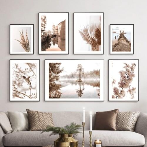 Modern Floral Dried Plant Bridge Landscape Wall Prints Art Canvas Painting Posters Pictures Living Room Interior Home Decoration