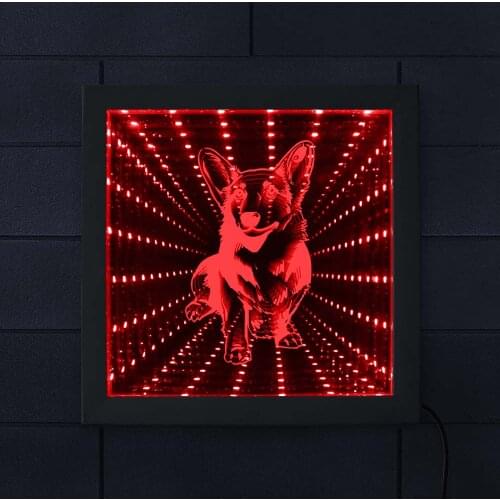 Cardigan Welsh Corgi LED Infinity Mirror Lamp Corgi Dog Breed Animated Neon Light Tunnel Lamp Lighting Art Picture Wood Frame