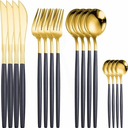 Tablewellware Black Gold Tableware Set Stainless Steel Cutlery Set Gold Cutlery Mirror Dinnerware Fork Knive Spoon Flatware Set