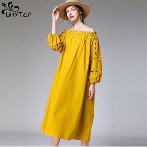 UHYTGF Plus size dresses for women Spring Autumn Hollow Lace Dress Long Sleeve Oversize Dress Vestidos De Mujer Robe Femme 988