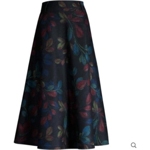 New Autumn Winter Women High Waist Floral Printed Big Swing Mid-Long Woolen Skirt women Pleated Thicken Wool Skirts