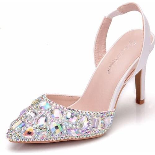 Women sandals wedding Party banquet PU Rhinestones Slip On 9CM Thin High Heels Pointed Toe sandal for women shoes size 35-42