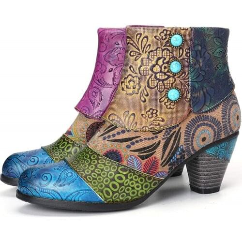 Vintage Splicing Printed Ankle Boots For Women Shoes Woman PU Leather Retro Block High Heels Women Boots 2021