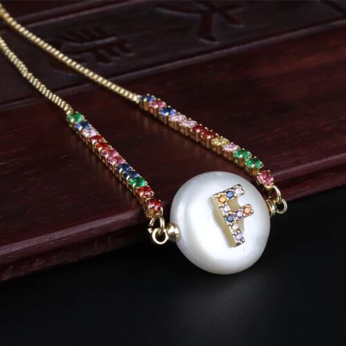 Rainbow Colors Cz Cubic Zirconia Initial F Alphabet Letter Name Natural Freshwater Pearl Gold Rainbow BraceletS For Women Girl