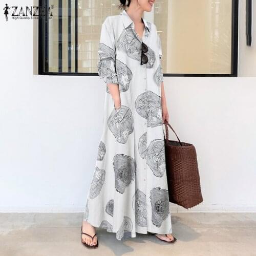 Womens Printed Sundress ZANZEA 2021 Kaftan Floral Dress Spring Casual Long Sleeve Maxi Vestidos Female Lapel Button Robe Femme