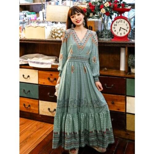 Summer New Bohemian Travel Holiday Beach Wind Long Sleeve Dress Exotic Retro Temperament Elegant Print Long Dress