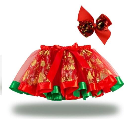 Gold Christmas Tree Print Red Tulle With Bow Mini Ball Gown Underskirt Party Rave Festival Sweet Tutu Skirt Girl Kids Dancewear