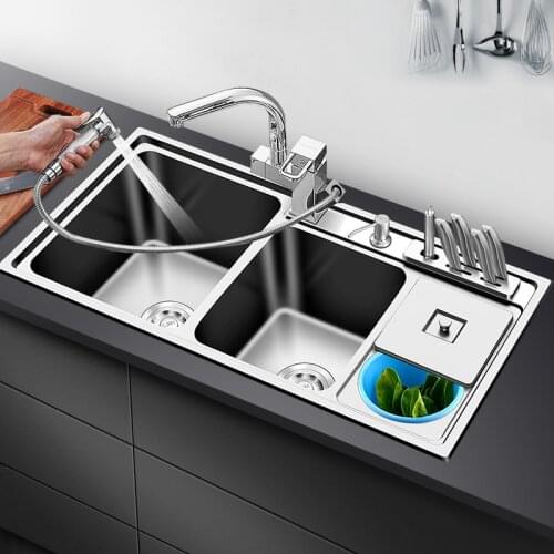 304 stainless steel three trough with dustbin multi-functional washbasin thickening double set kitchen sink