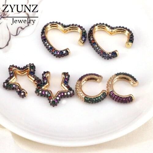 5 Pairs, Rainbow CZ Heart / Star / Circle C Shaped Ear Cuff Clip On Earrings Trendy No Pierced Earcuffs Party Wedding Jewelry