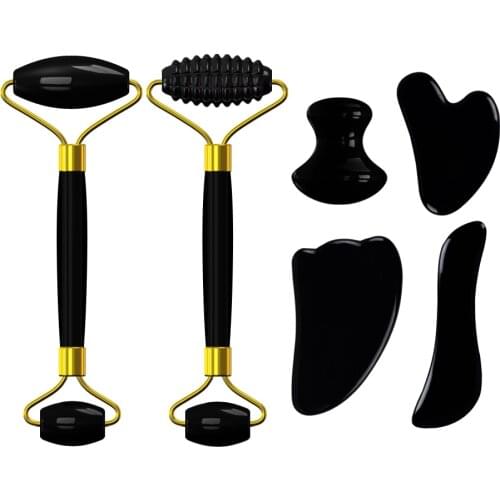 6 in 1 Obsidian Face Massage Roller Gua Sha Scraper Set Natural Black Crystal Facial Care Tools Anti Aging Roller Massager