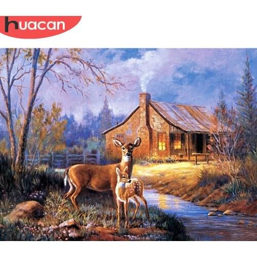 HUACAN Diy Diamond Painting House Scenery Full Square/round Mosaic Deer Animal Embroidery Autumn Landscape Wall Decor