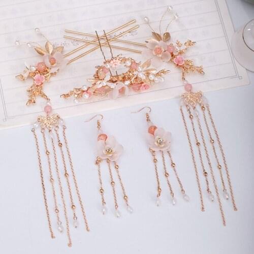 Antique Tassel Floral Hairpins Earrings Hair Forks Headpieces Women Girls Chinese Hanfu Dress Jewelry Sets