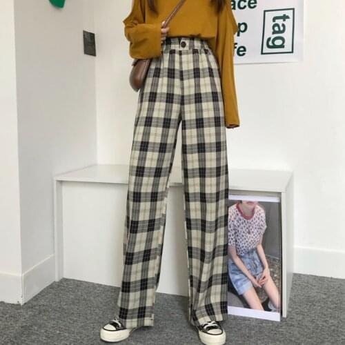 Vintage Women 2021 New Plaid Wide Leg Pant Pantalons De Costume High Waist Broeken Dames Straight Hosen Mujer A194