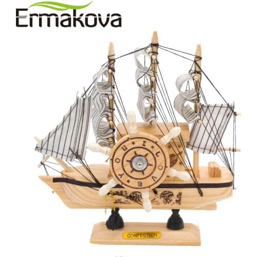 ERMAKOVA Sailing Boat Model 19cm Mediterranean Style Wooden Craft Sailboat Handmade Carved Sailing Ship Model Home Office Decor