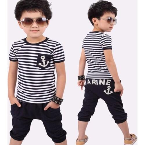 2019 Hot Sale Summer Boys Clothing Sets Kids Cotton Tops+Pants Navy Stripe Girls Clothes Children Tracksuits