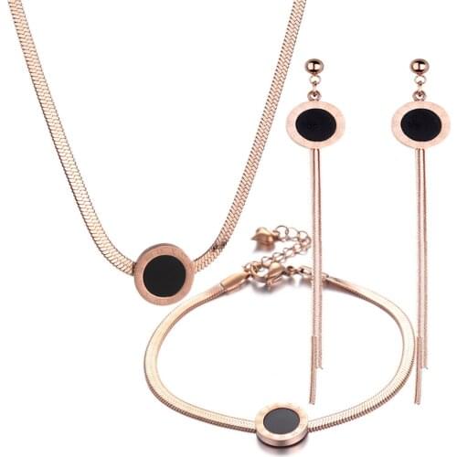 316L Stainless Steel Rose Gold Roman Numerals Stud Earrings Bracelet Necklace Set Colorless Simple Temperament Ring Jewelry Set