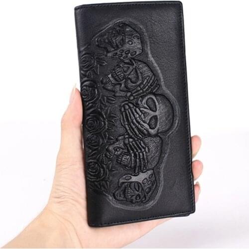 Punk Style Skull Wallet Black Gothic Cow Leather Women Men Wallet Rose Ghost Embossed Purse Unique Design Stylish Long Wallets