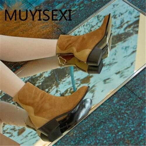 Fashion 3.5cm med heel genuine leather zipper round toe keep warm winter shoes vintage concise mature office boot HL283 MUYISEXI