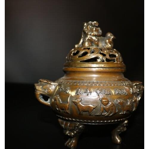 Home Christmas Decorations Gifts,Antique Collection Old Chinese Copper 12 Animals Censer/Metal Incense Burner