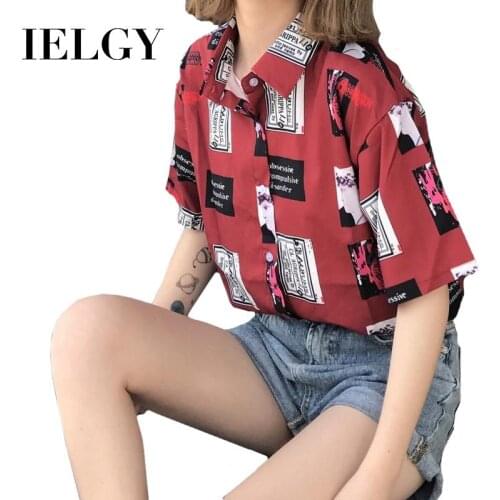 IELGY Summer retro sticker print loose men and women students short-sleeved shirt