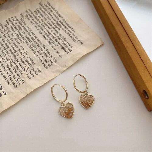 Korean Retro Colorful Crystal Rhinestone Hook Earrings for Women Gold Color Metal Heart Shaped Dangle Earrings Party Jewelry