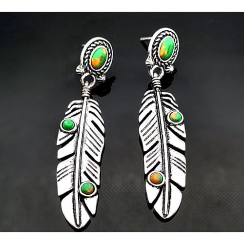 Vintage Natural Turquoises Tassel Feather Dangle Earrings for Women Girl Bohemian Statement Long Earring Boho Jewelry