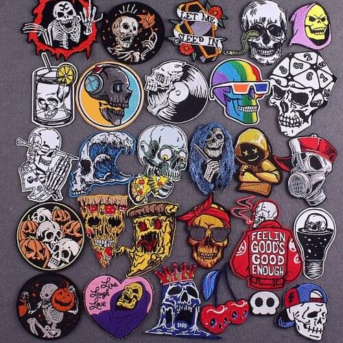 Embroidered Patch Hippie Skull Patches For Clothing Stickers Punk Biker Iron On Patches On Clothes Stripes Applique Accessory