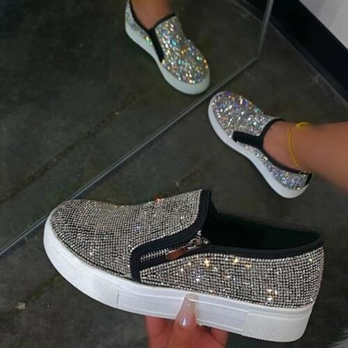 Zapatos planos con diamantes de cristal para mujer, zapatillas informales con diamantes de imitación, con plataforma y punta red