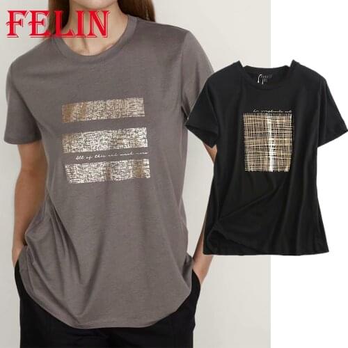 Women Cotton T-shirts Za Fashion 2021 Casual Golden Print Summer T-Shirts Female Oversized Soft Office Wear Mujer Tops
