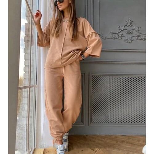 Women Casual 2 Piece Sets Comfy Three Quarter Sleeve T-Shirt And Sport Jogging Pants Tracksuit 2021 All-match Suits Outfits