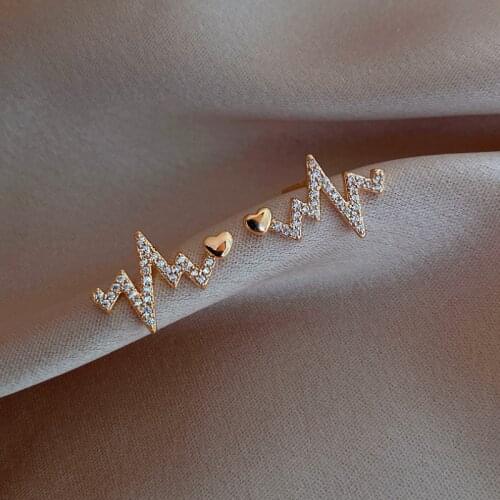 Fashion Korean Women Crystal Heartbeat Stud Earrings Gold Color Rhinestone Heart Elegant Dainty Female Girls Jewelry