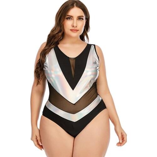Large Size Womens Swimwear 2021 Summer Sexy Deep V Backless Mesh Stitching Contrast Color Bikini Set One-piece Swimsuit