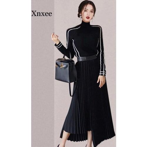 Women Turtleneck Striped Sweater and Black Pleated Skirt Ladies 2 Piece Set New Year Christmas Winter Two Piece Set