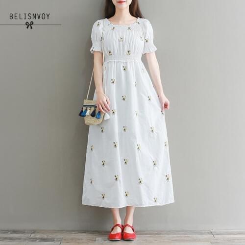 Mori Girl Summer Women Long Dresses Embroidery Floral Elegant Vintage Dress Vestidos Sweet Cotton Korea Chic Midi Party Dress
